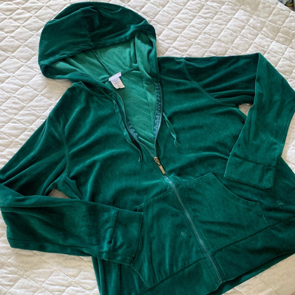 Danskin Velour Hunter Forest Green Zip Up Hoodie Jacket Large Oversized